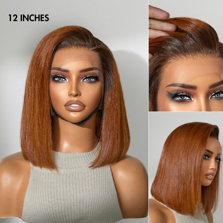 Emma Dark Roots Ombre Brown Color Short Bob Full Frontal Wig Pre Plucked Human Hair