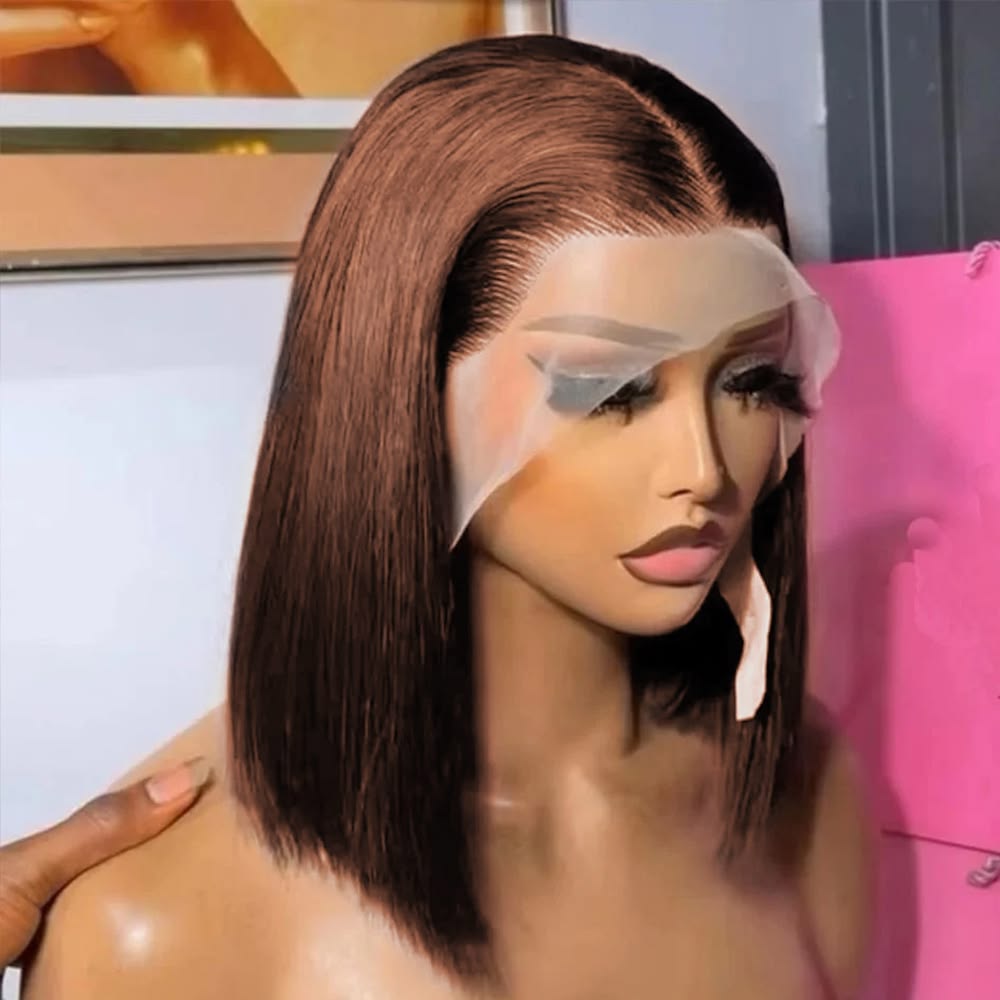 Emma  Glueless  Double Drawn 13x4 Lace Full Frontal bob Wig Pre Plucked Human Hair Brown Color