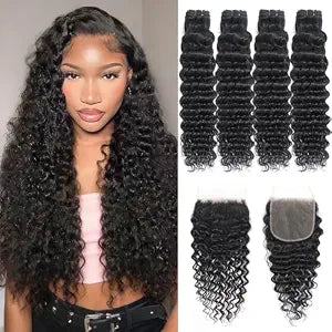 Emma 4 Bundles with Closure Human Hair Straight Bundles Human Hair Black Color