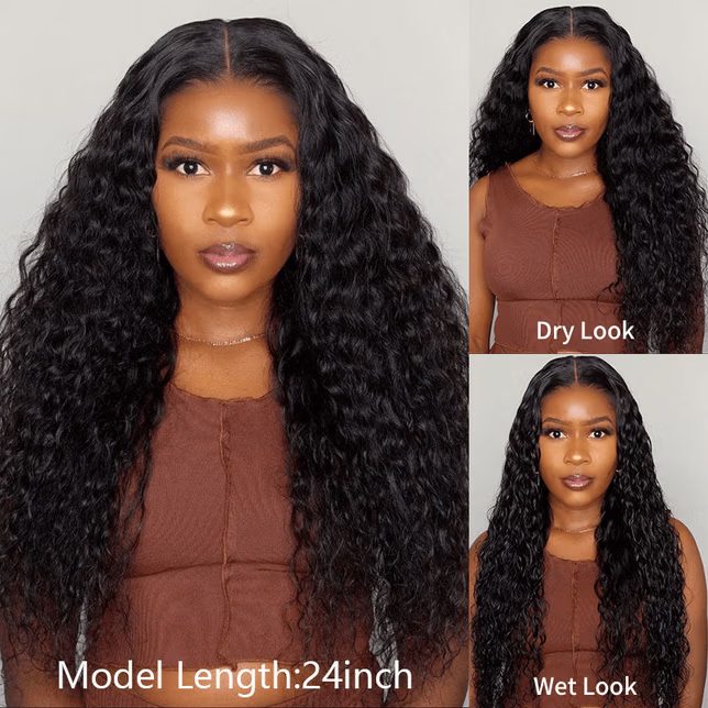 🔥 HOT SELLER | SOLD OUT — RESTOCKING IN 15 DAYS 🔥     Emma 13x6 Glueless Wig Water Wave With Drawstring Natural Black 100% Human Hair Wig