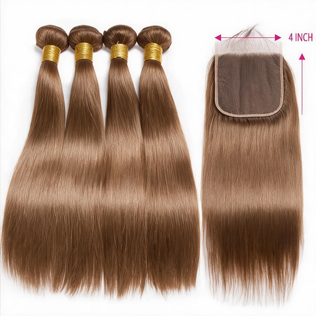 Emma 4 Bundles with Closure Human Hair Straight Bundles Human Hair Brown Color