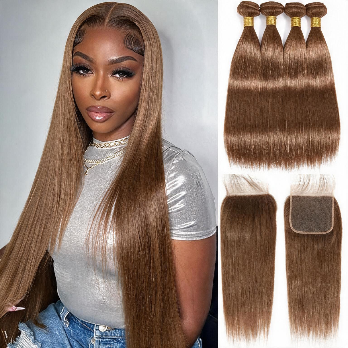 Emma 4 Bundles with Closure Human Hair Straight Bundles Human Hair Brown Color
