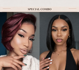 Hot Combo | 13x4 Full frontal Glueless Natural Black Color Straight Wig + 13x1 T Lace Part Short Pixie Cut Wigs T1b/99J Color
