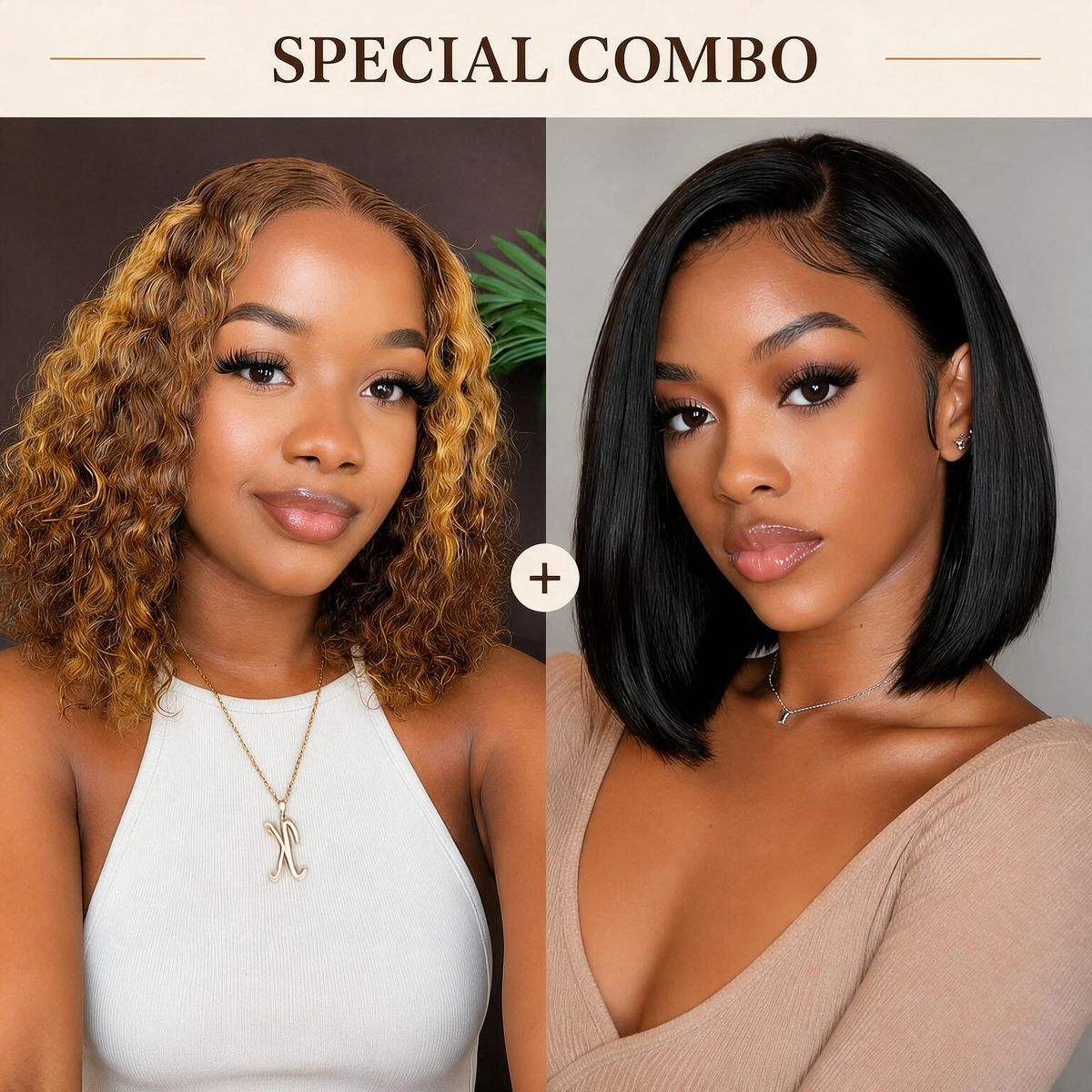 Hot Combo | Emma Glueless 13x4 Full Frontal Piano Color Water Wave Bob Wig + 13x4 Full Frontal Straight Bob Wig With Human Hair