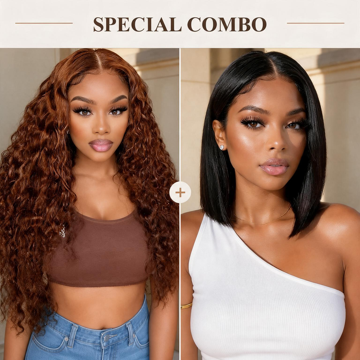Hot Combo | 13x4 Lace Closure Brown Color Water Wave Wig+ 13x4 Full Frontal Straight Bob Wig