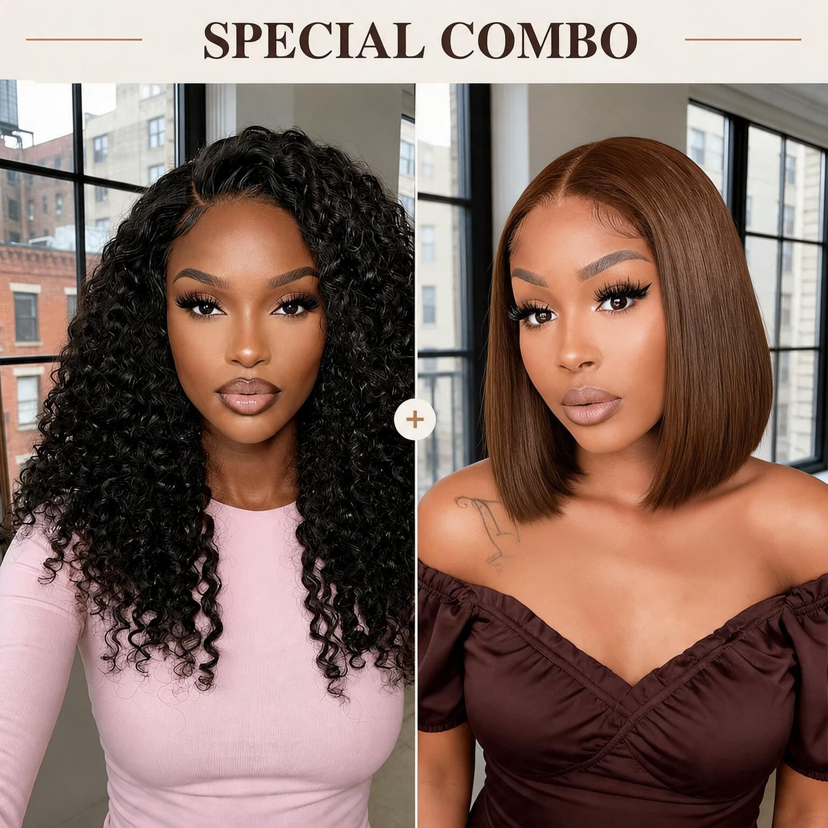 Hot Combo | 13x4 Full Frontal Glueless Jerry Curly Wig + 13x4 Full Frontal Brown Color Straight Bob Wig