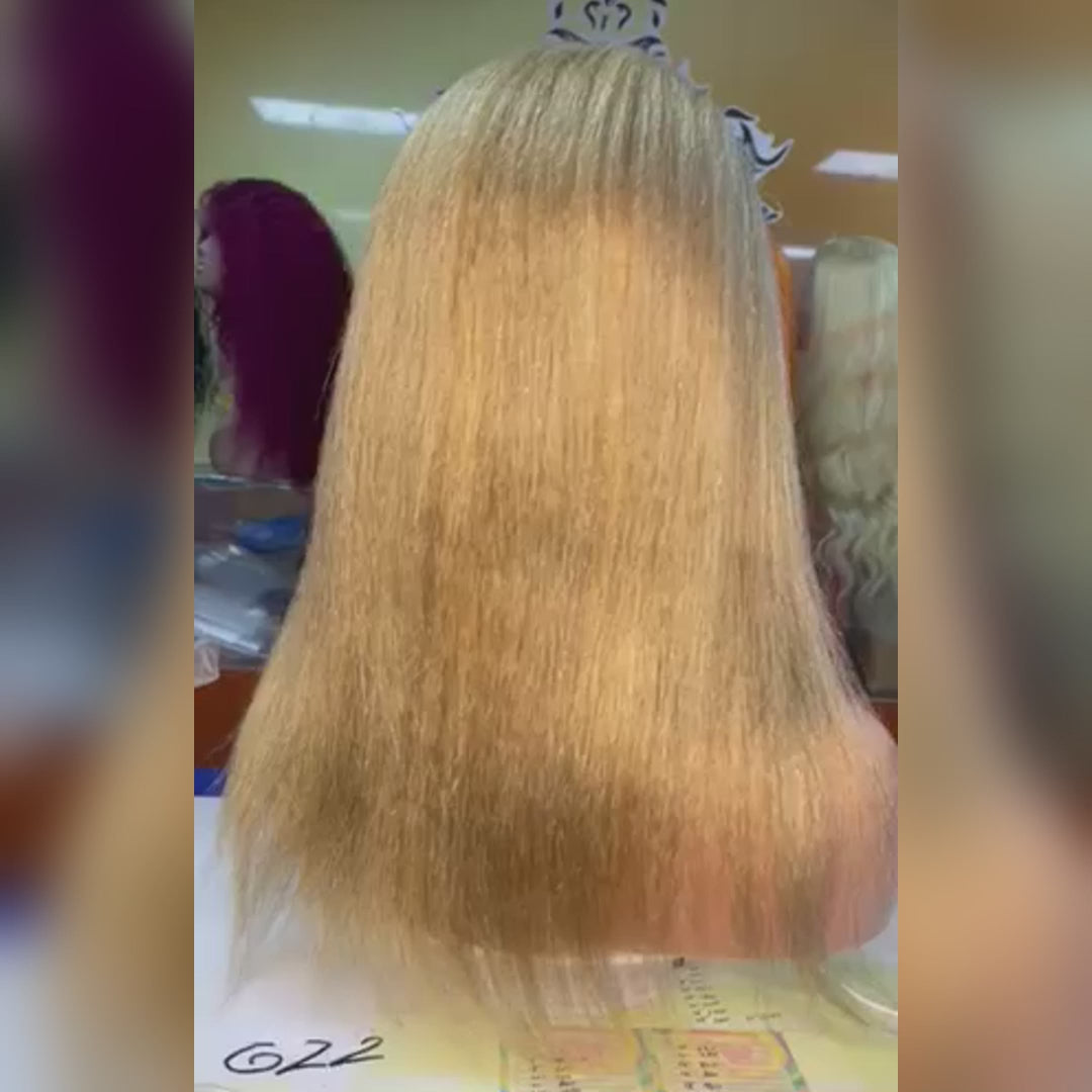 Emma Kinky Straight 13x4 Lace Frontal Wig Honey Blonde Color #27 Human Hair Flash Sale