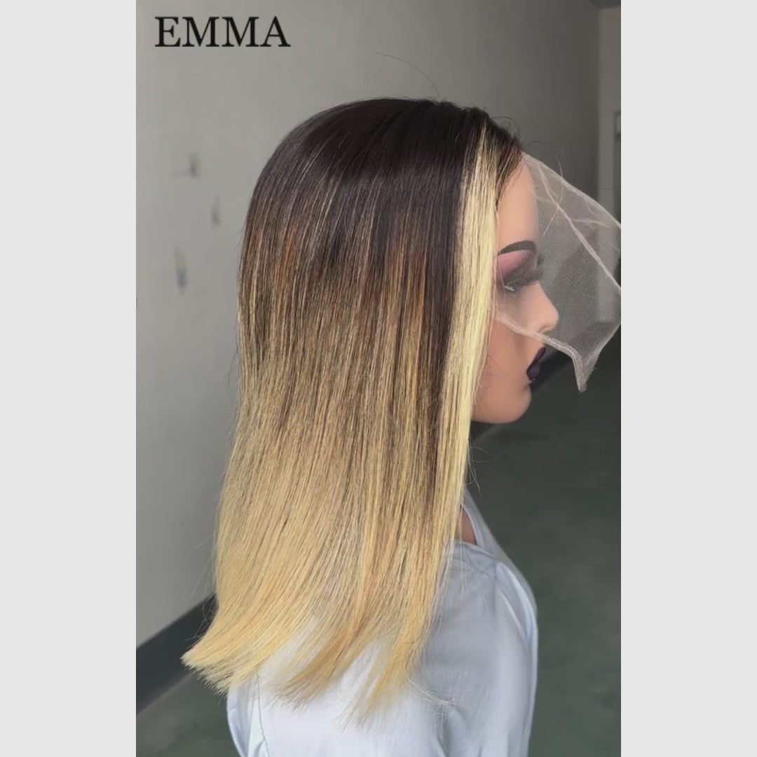 Emma 220% Density Double Drawn 4x4 Glueless Drawstring Wig Cap Pre Plucked Straight Human Hair T1b/30 Ombre Honey Blonde Color