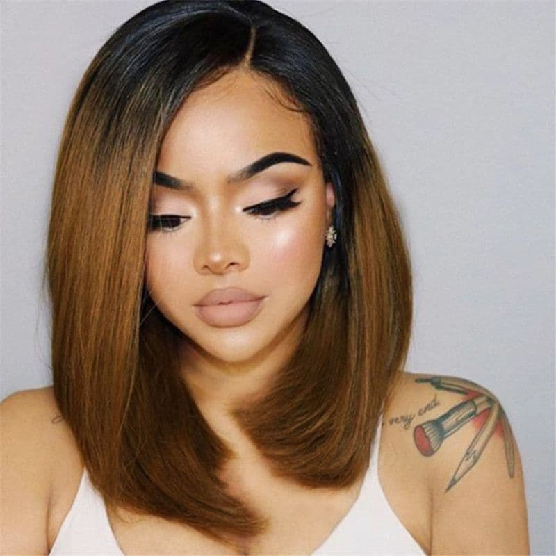 Emma Dark Roots Ombre Brown Color Short Bob Full Frontal Wig Pre Plucked Human Hair