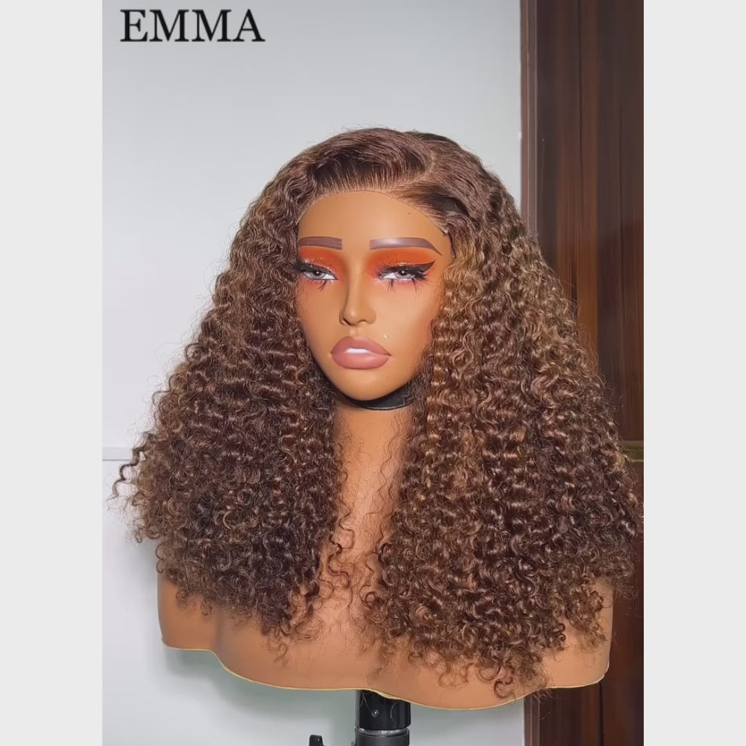 Emma 220% Density Double Drawn 13x4 Lace Full Frontal Jerry Curly Wig Pre Plucked Human Hair Brown  Color