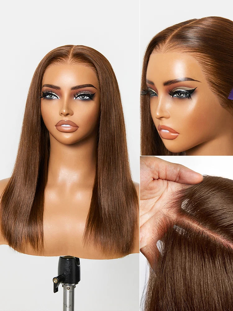 Emma Chocolate Brown Color 13x4 Frontal Glueless Wig Pre Plucked Straight Human Hair